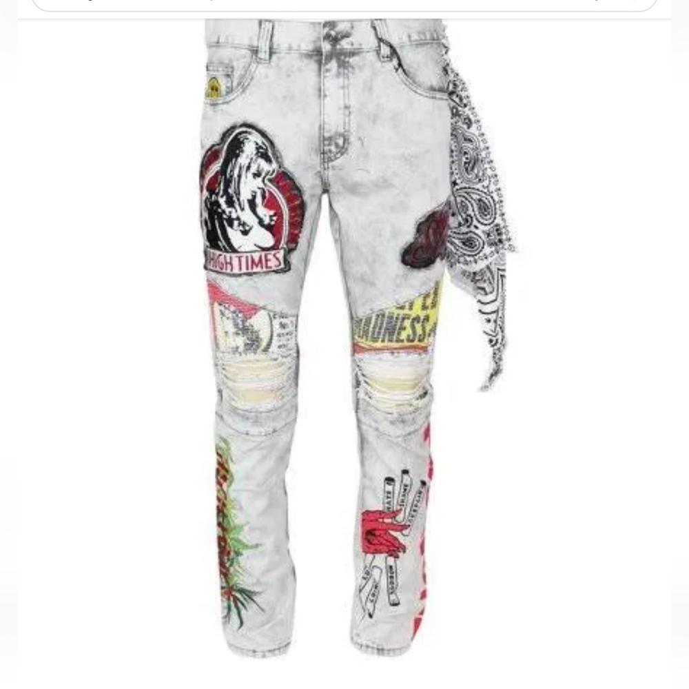 High Times Mens Graphic Printed Distressed Ribbed Moto Jeans White Wash/32/NWT